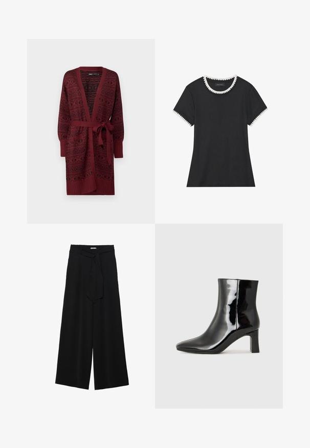 Burgundin värinen neulottu villatakki, jossa on tekstuuri, avonainen etuosa, pitkät hihat ja yhteensopiva vyö vyötäröllä.; Mustat T-paita ribbaavalla tekstuurilla, pyöreä kaula-aukko, jossa on valkoiset aaltoilevat yksityiskohdat, ja lyhyet hihat, joissa on vastaavat aaltoilevat koristelut.; Mustat leveät housut, joissa on teksturoitu kangas, joustava vyötärö ja irrotettava nauha vyötäröllä säädettävää istuvuutta varten.; Musta patenttilakattu nilkkuri, jossa on terävä kärki ja keskipitkä lohkarekorko. Silkkinen pinta ja minimalistinen muotoilu.