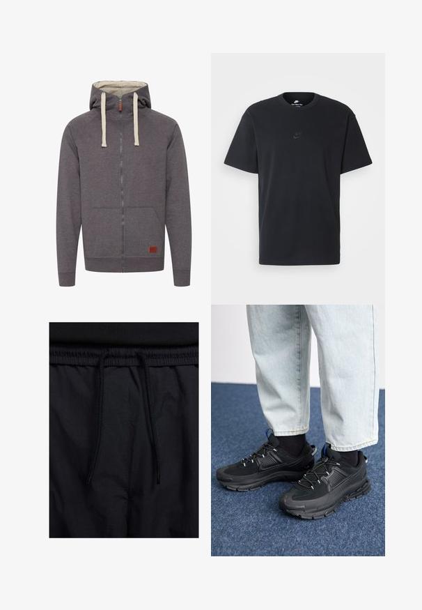 Grå zip-up hoodie med snoretræk i hætten, kengurulommer og ribbede manchetter. Har et lille mærket lædertag på fronten.; Nike sort bomulds t-shirt med en klassisk rund hals, korte ærmer og et diskret, præget logo på brystet. Glat tekstur.; Sorte shorts med snoretræk i taljen, letvægtsstof med en glat tekstur og et simpelt design uden synlige logoer eller mønstre.; Sorte træningssko med tekstureret stof og gummisåler, udstyret med elastiske snørebånd og en blå detalje på hælen. Bæres med lyse denimbukser.