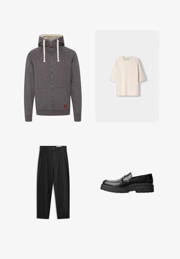 Hanorac gri cu fermoar, cu glugă ajustabilă, buzunare tip kangaroo și manșete cu nervuri. Prezintă o etichetă din piele, mică și branduită, pe partea din față.; Tricou din bumbac bej, supradimensionat, cu guler rotund și mâneci scurte, căzute. Textură netedă, design minimalist, fără modele sau accente.; Pantaloni negri din bumbac cu croială lejeră, având un brâu clasic, plii frontale și buzunare laterale. Textură netedă fără modele.; Mocasini din piele neagră, cu talpă groasă și profilată și bandă decorativă pe partea superioară, prezentati din profil stâng pe fundal alb.