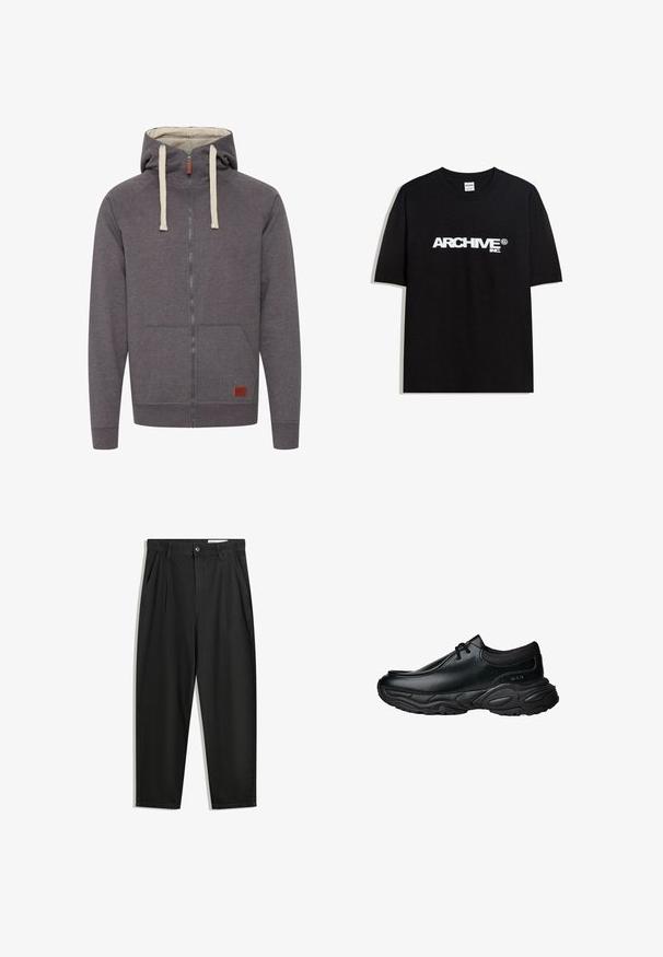 Hoodie zippé gris avec capuche à cordon, poches kangourou et poignets côtelés. Présente une petite étiquette en cuir de marque à l'avant.; T-shirt en coton noir avec un logo blanc "ARCHIVE inc." sur la poitrine, manches courtes et col rond.; Pantalon en coton noir avec une coupe décontractée, dotés d'une taille classique, de plis à l'avant et de poches latérales. Texture lisse sans motifs.; Chaussures en cuir noir à enfiler avec un bout arrondi et une semelle en caoutchouc texturée épaisse. Présente des coutures discrètes et des accents élastiques au niveau du col.