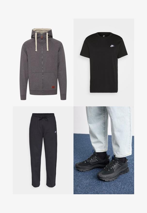 Grå zip-up hoodie med snoretræk i hætten, kengurulommer og ribbede manchetter. Har et lille mærket lædertag på fronten.; Sort bomuld T-shirt med korte ærmer, rund hals og et lille hvidt Nike-logo på den øverste venstre bryst. Glat tekstur. Klassisk pasform.; Sorte sweatpants lavet af blødt stof med elastisk talje, snøre og et lille Nike-logo på venstre lår.; Sorte træningssko med tekstureret stof og gummisåler, udstyret med elastiske snørebånd og en blå detalje på hælen. Bæres med lyse denimbukser.