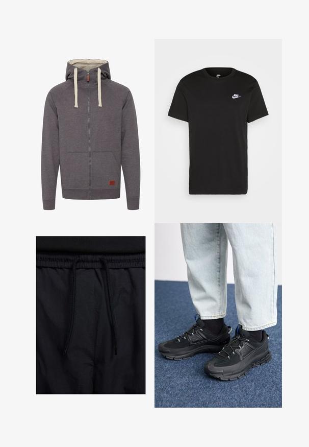 Harmaa vetoketjuhuppari, jossa on nauhakuuluma, kengurupussit ja ribattu hiha. Edessä on pieni merkitty nahkainen tagi.; Mustapaita, jossa on lyhyet hihat, pyöreä kaula-aukko ja pieni valkoinen Nike-logo vasemmassa ylärinnassa. Sileä rakenne. Klassinen malli.; Mustat shortsit, joissa on naru vyötäröllä, kevyestä kankaasta valmistettu, sileä tekstuuri ja yksinkertainen muotoilu ilman näkyviä logoja tai kuvioita.; Mustat urheilukengät, joissa on teksturoitu kangas ja kumipohjat, elastiset nauhat ja sininen yksityiskohta kannassa. Yhdistetty vaaleisiin farkkuihin.