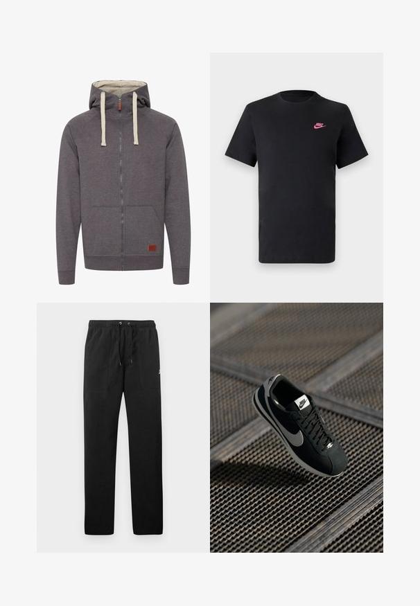 Hoodie zippé gris avec capuche à cordon, poches kangourou et poignets côtelés. Présente une petite étiquette en cuir de marque à l'avant.; T-shirt en coton noir avec un col rond et des manches courtes. Présente un logo Nike rose sur le côté supérieur gauche. Texture douce.; Pantalons de survêtement noirs en polaire, dotés d'une taille élastique avec cordons de serrage, de deux poches avant et d'un petit logo sur la cuisse.; Baskets Nike noires avec des accents gris, matériaux en daim et en mesh, semelle texturée, forme élancée et design classique à lacets.