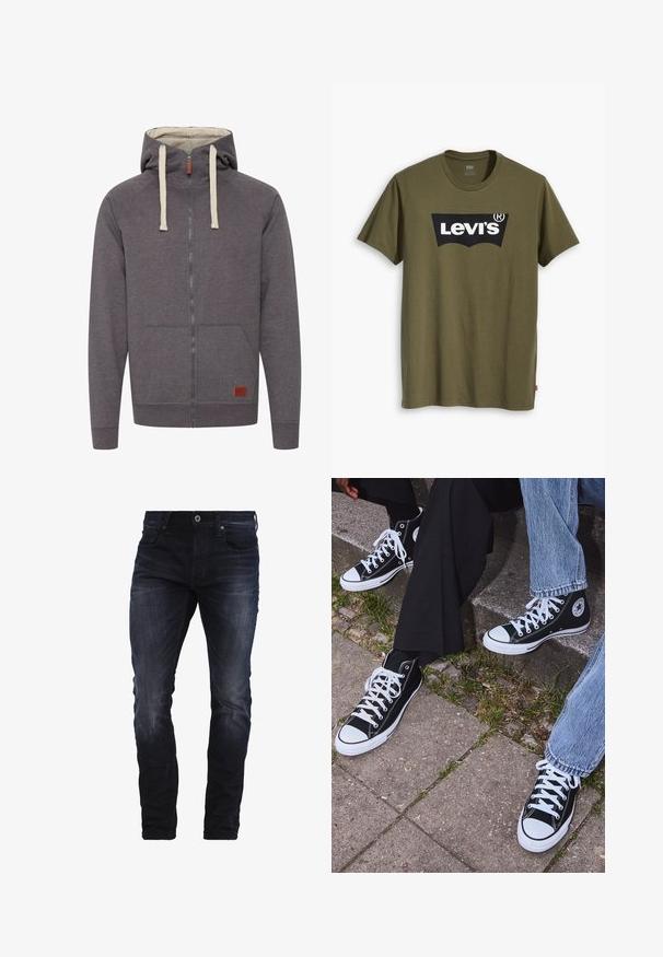 Hoodie zippé gris avec capuche à cordon, poches kangourou et poignets côtelés. Présente une petite étiquette en cuir de marque à l'avant.; T-shirt en coton vert olive avec un grand logo Levi's noir en forme semi-arquée contrastante sur la poitrine. Coupe régulière.; Jeans slim-fit bleu foncé avec un léger délavage sur les cuisses et les genoux, dotés de poches avant, de passants de ceinture et d'une fermeture à bouton.; Baskets montantes en toile noires avec semelles et lacets en caoutchouc blancs, arborant un logo circulaire sur le côté et associées à un jean et un pantalon noir.