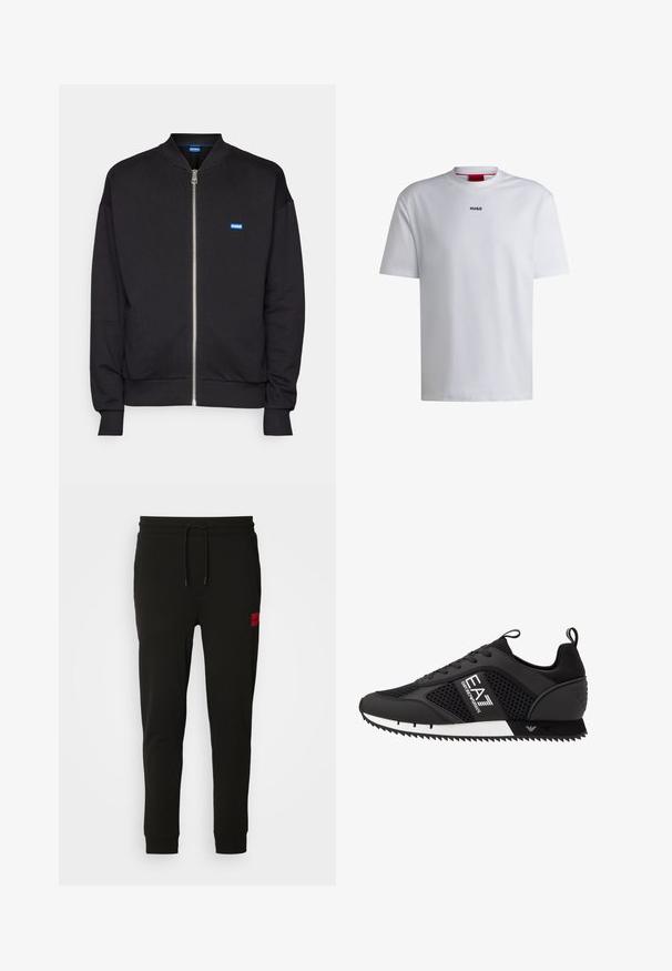 Felpa nera con zip, colletto e polsini a righe, con logo blu "HUGO". Design semplice con una texture liscia e senza fantasie.; T-shirt bianco in cotone con maniche corte, scollo rotondo e logo nero "HUGO" sul petto. Tessuto liscio, vestibilità casual, senza fantasie.; Pantaloni felpati neri realizzati in tessuto morbido, con vita regolabile tramite cordoncino, vestibilità slim e una patch rossa con logo sulla coscia sinistra.; EA7 Emporio Armani Sneakers basse - black/white