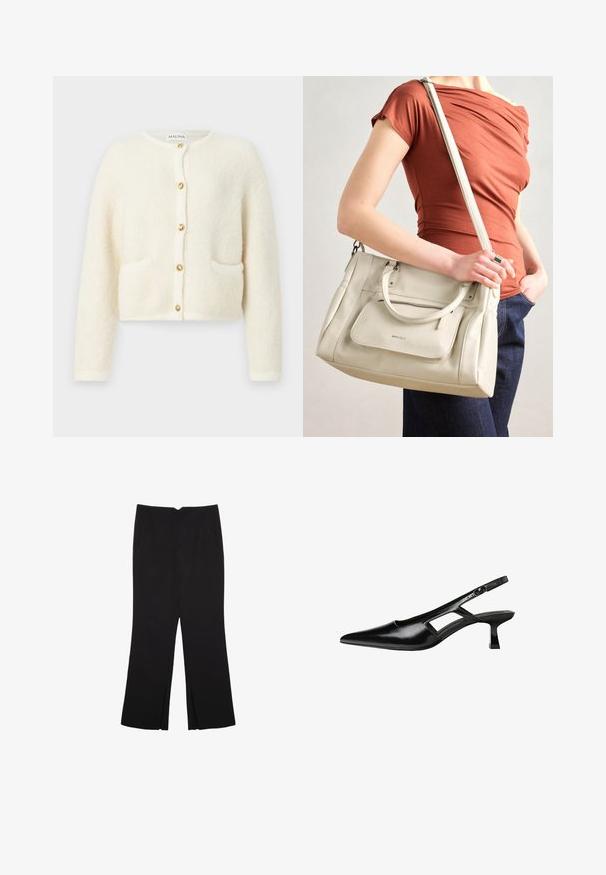 Bílý, nadýchaný cardigan s dlouhými rukávy, kulatým výstřihem a zlatými knoflíky. Obsahuje dvě přední kapsy. Měkká textura s útulným vzhledem.; Černý top na ramínka vyrobený z bavlny, s kulatým výstřihem a širokými průramky. Hladká textura s prošitými lemy. Klasický, minimalistický design.; Černé kalhoty s rovným střihem, s předními kapsami a bočními rozparky na lemu. Vyrobené z jemné, hladké tkaniny. Vhodné na různé příležitosti.; Černé lakované lodičky na podpatku se špičatou špičkou, výřezovým designem na boku a malým čtvercovým podpatkem. Hladká textura s minimálními akcenty.; Bílá kožená kabelka s dvojitými uchy a odnímatelným popruhem, která má přední zipovou kapsu a hladký povrch. Nese se na paži osoby.