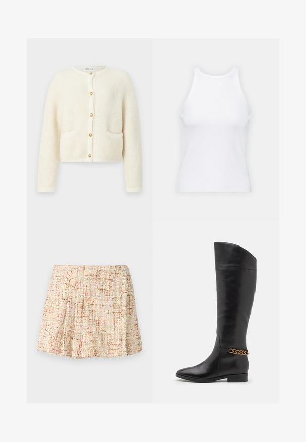 Valge, karvane kardigan pikkade varrukatega, ümmarguse kaelusega ja kuldsete nuppudega. Omab kahte esitaskut. Pehme tekstuur ja hubane välimus.; Valge ilma varrukateta T-särk, mis on valmistatud ribakangast, ümarate kaelustega ja kitseneva siluetiga, minimaalse õmbluste ning ilma kaunistusteta.; Lühike plisseeritud seelik, mis on tehtud tekstuuriga riidest neutraalsetes toonides, millel on õrnad värvilised täpid. Küljel on fringiäär.; Kõrged mustad nahast saapad, millel on stiilne disain, terav nina ja kuldne kett aktsent pahkluul. Madal plokk-konts. Sile tekstuur.