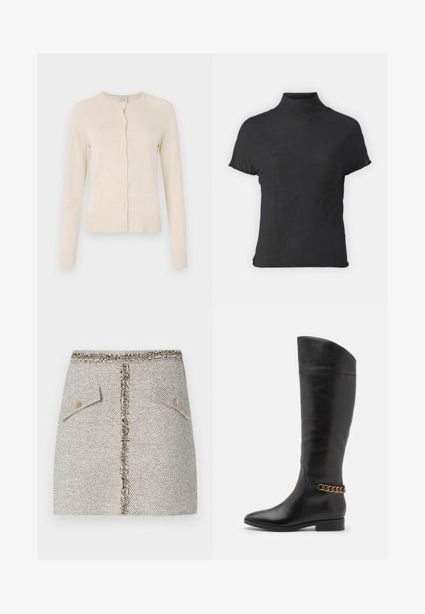 Cream-colored cardigan made of soft knit fabric, featuring a round neckline, button front, and ribbed cuffs and hem. Smooth texture.; Black short-sleeve turtleneck top made of lightweight fabric with a smooth texture and a fitted shape, featuring a high neckline.; Woven tweed skirt in white and black herringbone pattern, features two front pockets and a gold-tone zipper at the back with frayed edges.; Tall black leather boots with a sleek design, pointed toe, and a gold chain accent at the ankle. Low block heel. Smooth texture.