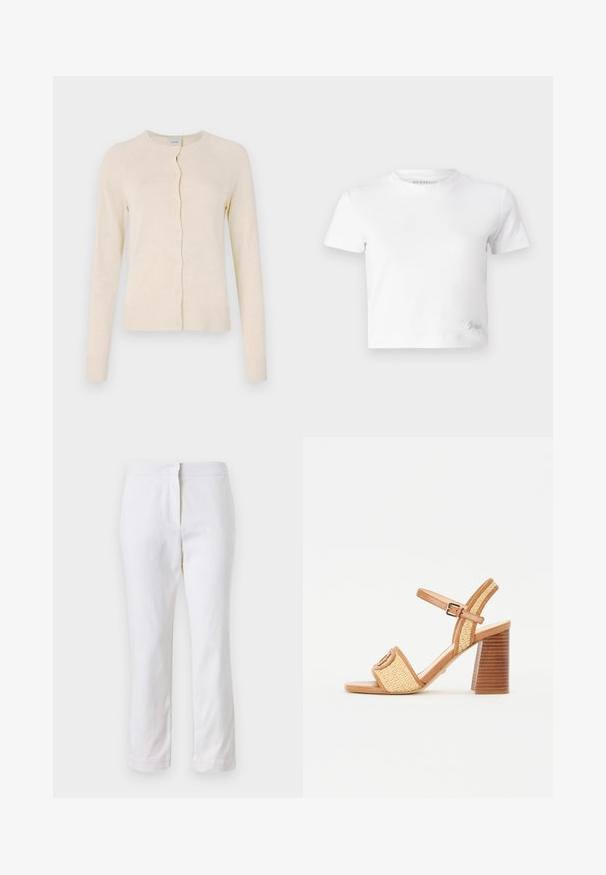 Krem kardigan od mekog pletenog materijala, s okruglim izrezom, prednjim kopčanjem na gumbe te rebrastim manžetama i rubom. Glatka tekstura.; Bijela skraćena majica izrađena od glatkog pamuka, s visokim izrezom i kratkim rukavima. Mali izvezeni logo u donjem kutu.; Bijele pamučne hlače ravnog kroja, sa strukom srednje visine i bez vidljivih metalnih dijelova ili uzoraka. Glatka tekstura kroz cijelu dužinu.; Smeđe kožne sandale s petom od pletene slame, koje imaju remen za gležanj, otvoreni vrh i masivnu drvenu petu s horizontalnim prugama.