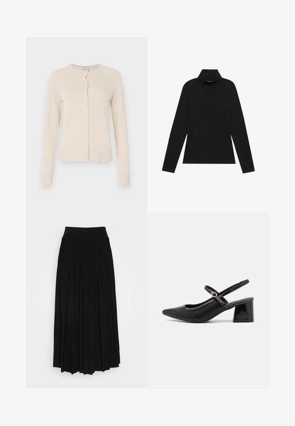 Kermanvärinen neuletakki, joka on valmistettu pehmeästä neulekankaasta. Siinä on pyöreä pääntie, napitus edessä sekä ribbauskudottu hihansuut ja helma. Sileä pinta.; Mustat pitkät hiharat turtleneck-paidat. Pehmeä kangas, istuva muotoilu, korkea kaulus ja sivusaumat. Yksinkertainen ja monipuolinen tyyli, joka sopii kerroksittain käytettäväksi.; Musta plyytilaakkohame, jossa on korkea, joustava vyötärö. Valmistettu pehmeästä kankaasta, jossa on pystysuoria plyysit, jotka luovat virtaavan siluetin.; Musta lakattu nahka slingback-korkokengät, joissa on terävä kärki, pyöreä aukko-muotoilu ja lohkokorko. Varustettu kultasävyisellä solkiyksityiskohdalla.