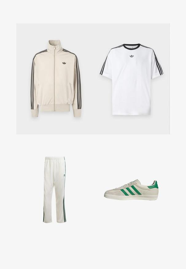 Beige jas met ritssluiting van gladde stof, voorzien van zwarte drie-strepen accenten op de mouwen en een klein zwart logo op de borst.; Witte T-shirt van katoen, met een zwarte ronde halslijn en drie zwarte strepen op elke schouder. Klein zwart logo op de borst.; Witte sportbroek met groene zijkanten, elastische tailleband en een logo aan de bovenkant aan de linkerkant. Gemaakt van lichtgewicht stof.; Beige sneaker met groene strepen, voorzien van een witte zool en een bovenkant van glad leer. Zijaanzicht dat de veters en het logo benadrukt.