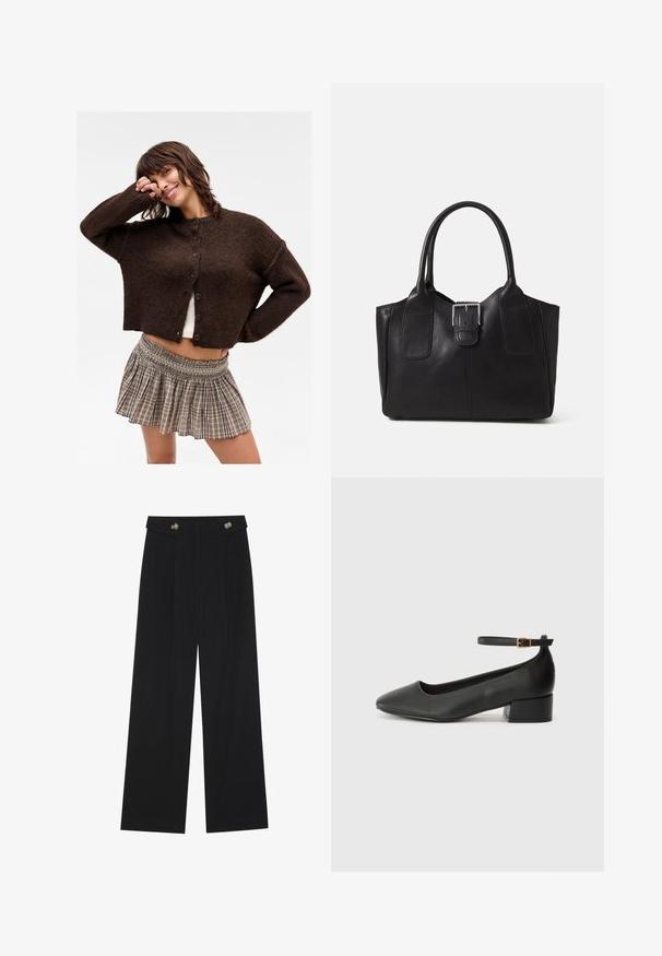Brun cropped cardigan laget av teksturert strikk med knapper foran. Kombinert med et rutete plisserte mini-skirt.; To lange ermer t-skjorter, en svart og en hvit, begge med firkantet utringning og laget av mykt, elastisk stoff.; Svart vide bukser med høy midje, knappdetaljer på midjebåndet og frontplisser.; Sorte skinnpumper med spiss tå og lav blokkhelt. Har ankelrem med gullfarget spenne. Glatt tekstur.; Svart skinn toteveske med jevn tekstur, strukturert form, to håndtak og en fremtredende sølvspenne foran.