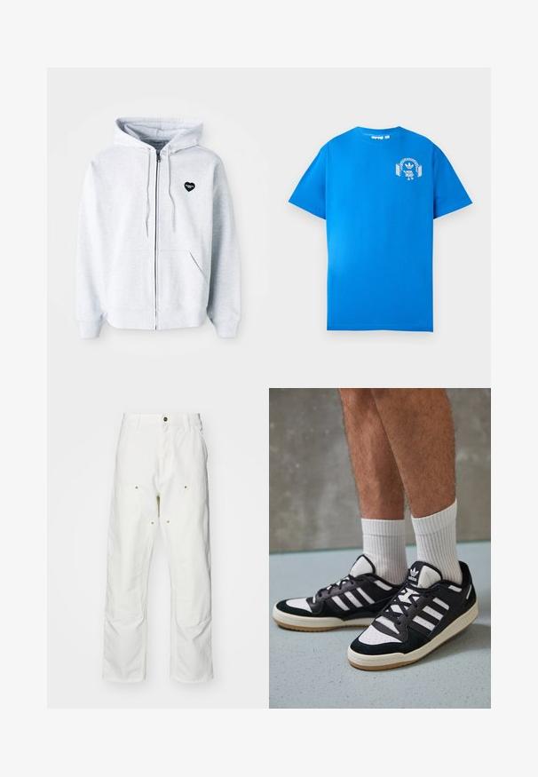 Sivi dukserica s patentnim zatvaračem, izrađena od mekog materijala, s crnim logotipom u obliku srca na lijevoj strani prsnog koša i kengur džepovima.; Plava pamučna majica s kratkim rukavima. Sadrži bijeli grafički dizajn sprijeda, koji prikazuje lik s slušalicama i lukom.; Bijele pamučne cargo hlače s opuštenim krojem. Značajke uključuju prednje džepove, zlatne detalje i ojačane dijelove koljena.; Crne i bijele tenisice s gornjim dijelom od antilopa i kože, s tri bijele pruge, perforiranim prstom i gumiranim potplatom.