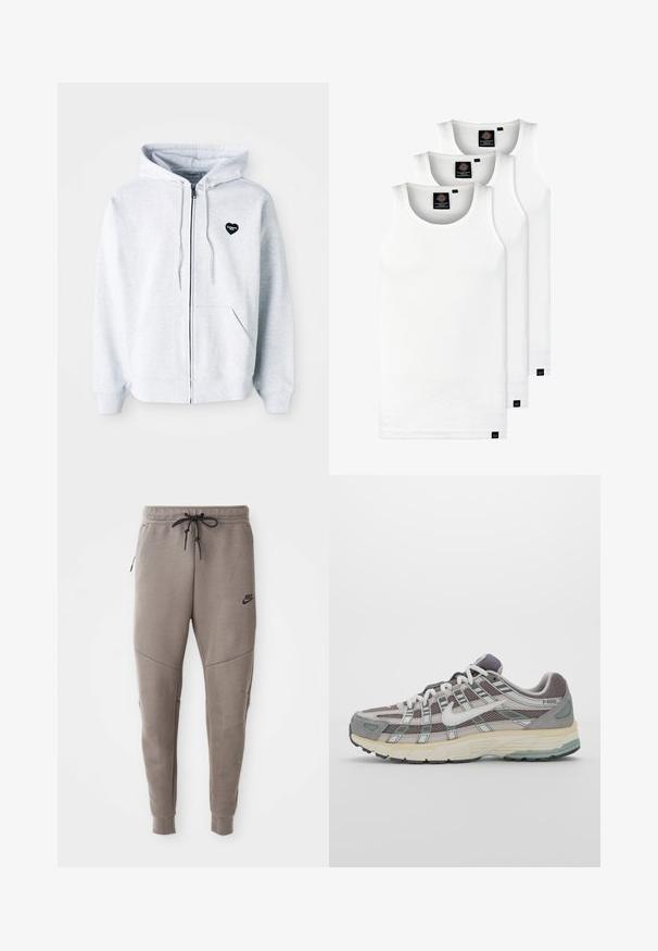 Sivý zipsovací hoodie vyrobený z jemného materiálu, s čiernym logom v tvare srdca na ľavej hrudi a klokankovými vreckami.; Tri biele rebrované tielka vyrobené z bavlny. Majú okrúhly výstrih a malé čierne štítky pri leme. Dostupné v rôznych veľkostiach.; Sivé tepláky Nike s nastaviteľným pásom, zúženými nohavicami, bočnými vreckami a výrazným švom. Mäkká, textúrovaná látka.; Šedá športová obuv so zvrškom z nylonu a semišu, bielymi akcentmi, polstrovanou podrážkou a jedinečným dizajnom s reflexnými prvkami.