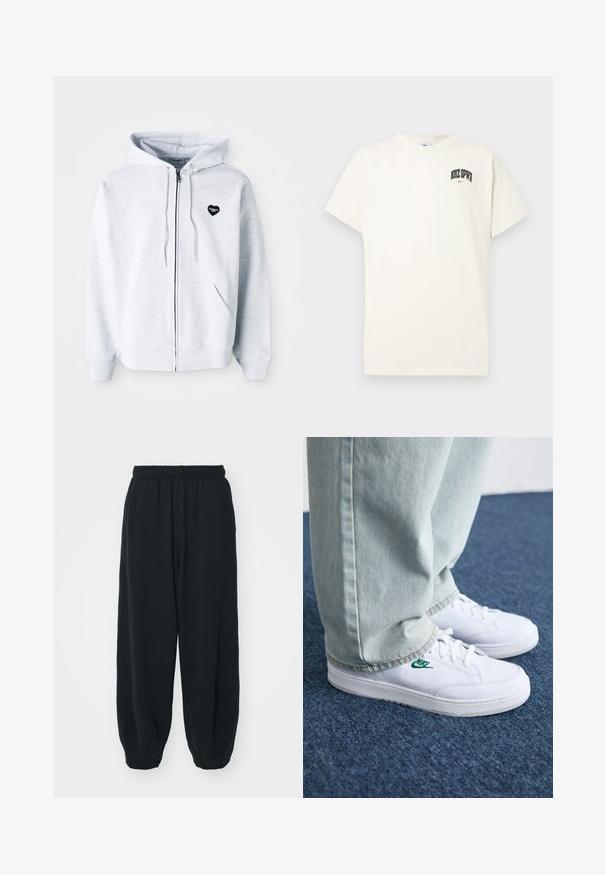Szürke cipzáras kapucnis pulóver, puha anyagból készült, bal mellen szív alakú fekete logóval és kenguru zsebekkel.; Krém színű pamut póló rövid ujjakkal, fekete és piros "NIKE SB" felirattal a mellkasán. Standard kerek nyakkivágással.; Fekete, rugalmas derékpántos melegítőnadrág, laza fit, véget érő szárakkal, sima textúrával, látható minták vagy hardver díszek nélkül.; Fehér bőr sportcipők zöld Nike logóval, kerek orral, lapos talppal, világoskék farmernadrággal párosítva, kék szőnyegen bemutatva.
