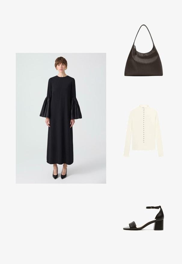 Cardigan lungo a maniche lunghe color crema con scollo rotondo e una fila di bottoni metallici al centro. Tessuto liscio, senza motivi.; Abito lungo nero con scollatura rotonda e maniche voluminose e arricciate. Realizzato in tessuto morbido, abbinato a décolleté nere a punta.; Sandali neri con tacco, dotati di cinturino alla caviglia, con una tomaia in pelle liscia e un design a punta quadrata aperta. Tacco a blocco per maggiore stabilità.; Borsa a tracolla in pelle intrecciata marrone scuro con una tracolla curva e larga e una texture liscia. Presenta una chiusura con zip e una forma spaziosa e strutturata.