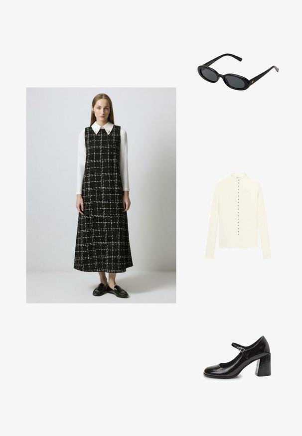 Krem boje dugi kardigan s dugim rukavima, okruglim izrezom i redom metalnih dugmadi niz sredinu. Glatka tekstura, bez uzoraka.; Žena u crno-bijelom kariranom haljini bez rukava, preko bijele košulje dugih rukava, uparena s crnim loafericama, stoji naslonjena na jednostavnu pozadinu.; Crne lakirane Mary Jane cipele s zaobljenim vrhom, kaišem oko gležnja sa metalnom kopčom i debelim blok petama. Glatka, sjajna tekstura.; Crne velike sunčane naočale s ovalnim staklima, glatkim plastičnim okvirom i zlatnim detaljima na sljepočnicama. Tamna stakla pružaju zaštitu od sunca.
