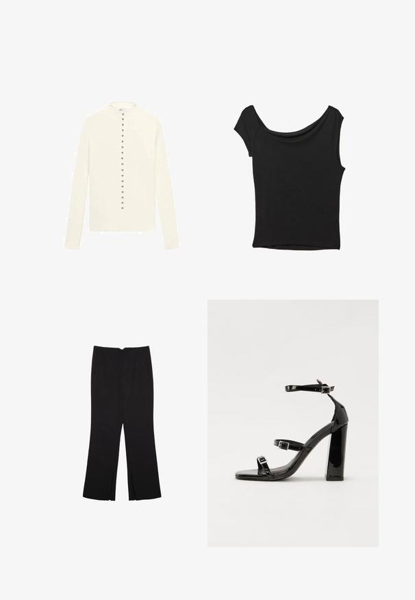 Kermanvärinen pitkähihainen neuletakki, jossa on pyöreä pääntie ja metallinappirivi keski kohdassa. Sujuva pinta, ilman kuvioita.; Musta lyhythihainen paita, joka on valmistettu sileästä kankaasta; siinä on laskeutuva kaula-aukko ja epäsymmetrinen helma, sekä istuva malli.; Mustat housut suoralinjaisella leikkauksella, joissa on etutaskut ja sivurei'ät helman alla. Valmistettu pehmeästä ja sileästä kankaasta. Sopii eri tilaisuuksiin.; Musta kiiltävä korkokenkä sandaalit neliönmuotoisella varpaalla, nilkkaremmillä ja hopeisilla soljilla. Varustettu tukevalla lohkokorkealla vakauden takaamiseksi.