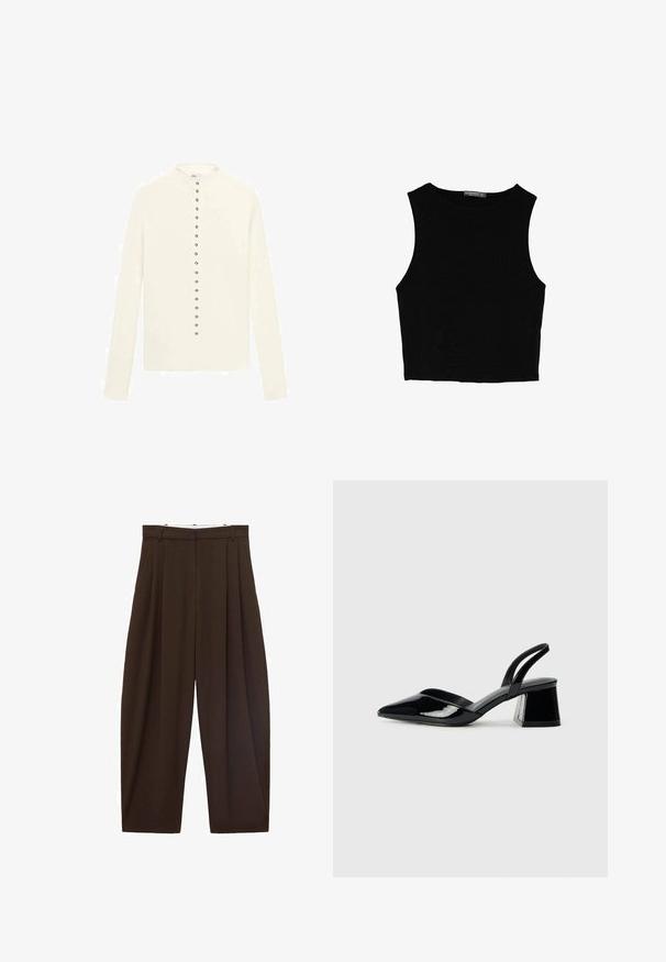 Cardigan crème à manches longues avec un col rond et une rangée de boutons métalliques au centre. Texture lisse, sans motifs.; Top court sans manches noir en tissu lisse, avec un col rond et un design épuré, simple, sans motifs ni accessoires.; Pantalons taille haute marron avec des plis, fabriqués en tissu lisse. Coupe ample, design droit, avec passants de ceinture et fermeture éclair.; Escarpins en cuir verni noir avec bout pointu et talon bloc géométrique. Présente un design élégant et minimaliste ainsi qu'une texture lisse.