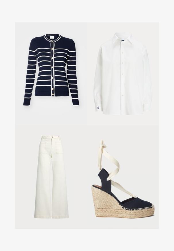 Meriharmaa ja valkoiseraidallinen neulecardigan, joka on valmistettu ribannutusta kankaasta. Siinä on kultasävytteiset napit ja pyöreä pääntie.; Valkoinen nappikauluspaita pitkillä hihoilla, klassinen kaulus ja pieni sininen logo hihassa. Silkkinen puuvillakangas, muotoiltu istuvuus.; Reisitaskuhousut vaaleanvalkoisesta denimestä. Korkea vyötärö, napitus, kaksi etutaskua ja kontrastiväriset ompeleet.; Tummansininen kanvaspohjallinen wedge-sandaali, jossa on espadrille-nauhapohja ja kermaiset nauhat nilkoilla. Suljettu kanta ja pyöreä varvastyylinen muotoilu.