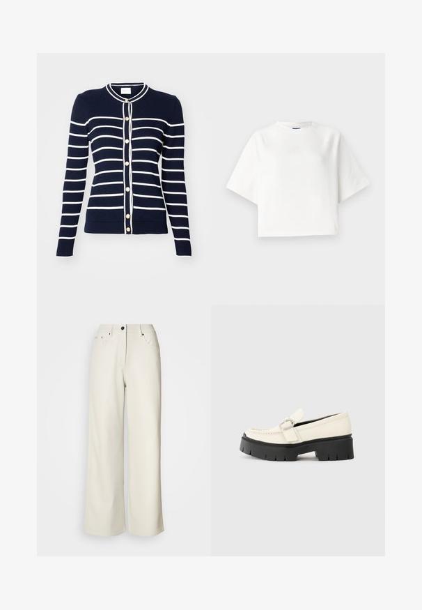 Navy and white striped cardigan made of ribbed knit material, featuring gold-tone buttons and a round neckline.; White oversized t-shirt with short raglan sleeves, made of soft fabric. Features a subtle logo on the chest and a round neckline.; Cream wide-leg pants made of smooth fabric. Features a mid-rise waist, zipper fly, and two front pockets with black hardware accents.; White leather loafer with a chunky black platform sole, featuring a rectangular silver buckle and visible stitching detail on the upper.