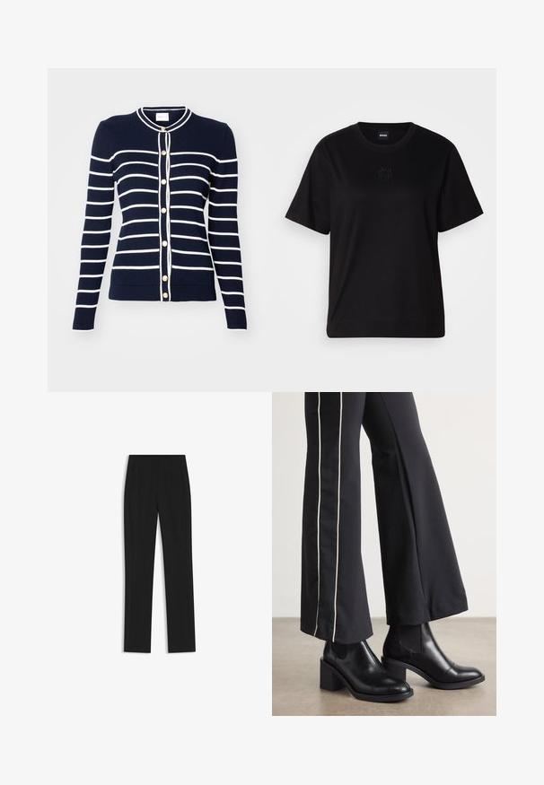 Cardigan a righe blu navy e bianche realizzato in maglia a coste, con bottoni dorati e scollatura rotonda.; Maglietta in cotone nera con scollatura tonda, maniche corte e logo ricamato sul petto. Design semplice e vestibilità rilassata senza motivi.; Pantaloni neri su misura con un design a gamba dritta, dotati di tasche frontali e un tessuto liscio e strutturato. Dettagli ordinati e minimalisti.; Stivaletti in pelle nera con tacco a blocco, dotati di pannelli elastici sui lati. Abbinati a pantaloni neri con una striscia bianca laterale.