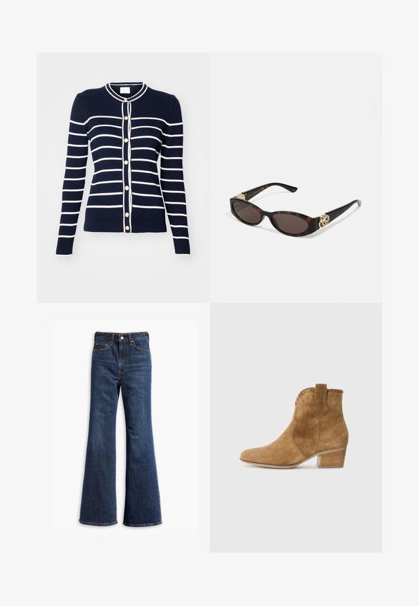 Granatowo-biała sweter z paskami, wykonany z materiału prążkowanego, z złotymi guzikami i okrągłym dekoltem.; Koszulka z długim rękawem i okrągłym dekoltem w ciemnym brązie, wykonana z materiału jersey. Charakteryzuje się dopasowanym krojem, gładką teksturą i minimalnymi detalami szwów.; Jeansy z wysokim stanem w ciemnoniebieskim kolorze, z rozszerzanymi nogawkami, zapinane na guzik i zamek, z pięcioma kieszeniami.; Karmelowe zamszowe botki za kostkę z ostrym noskiem, teksturowanym wykończeniem przy kołnierzu oraz dużym obcasem. Posiadają uchwyt z tyłu ułatwiający zakładanie.; Słoneczne okulary w kolorze żółwi z wydłużonymi owalnymi soczewkami, brązowym odcieniem, złotymi akcentami logo na zausznikach oraz smukłymi czarnymi ramionami.; Brązowa torebka tote z sztucznego zamszu, z dwiema solidnymi rączkami, o wyraźnym kształcie i minimalistycznym designie, z subtelnymi akcentami w postaci przeszyć.