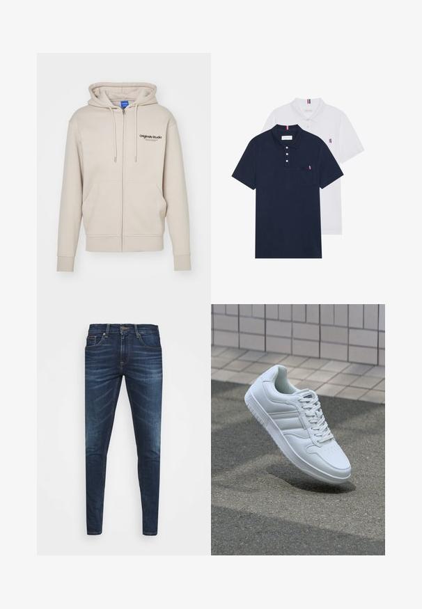 Beige Zip-Hoodie mit einer Kordelzugkapuze, zwei Fronttaschen, gerippten Bündchen und dem "Originals Studio"-Logo auf der oberen linken Seite. Glatte Textur.; Zwei Poloshirts: eines in marineblau und eines in Weiß, beide mit einem kleinen rot, weiß und blauen Akzent auf der Brusttasche und dem Kragen.; Dunkelblaue Jeans im Slim Fit mit subtiler Verwaschung, fünf Taschen und einem Metallknopfverschluss. Genähte Akzente in kontrastierender Farbe.; Weiße sportliche Sneaker mit Obermaterial aus glattem Leder, Schnürfront, durchlöchtem Zehenbereich und gemusterter Sohle. Minimalistisches Design mit drei Seitenstreifen.