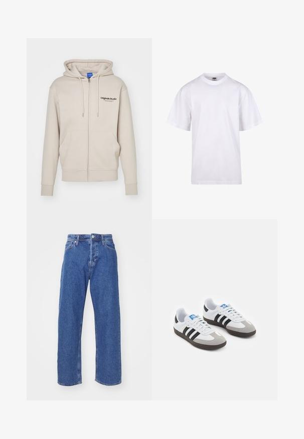 Beige zip-up hoodie met een trekkoord capuchon, twee voorzakken, ribgebreide manchetten en het 'Originals Studio' logo op de bovenste linkerzijde. Soepele structuur.; Witte katoenen t-shirt met een ronde hals, korte mouwen en een relaxte pasvorm. Heeft een eenvoudig ontwerp zonder patronen of accenten.; Blauwe denim jeans met een rechte pijp, voorzien van een knoop en rits, vijf zakken en minimale stikdetails.; Sportschoenen met een witte leren bovenkant, grijze suède neus en drie zwarte strepen. Bevat een blauw logo op de tong en een gestructureerde rubberen zool.