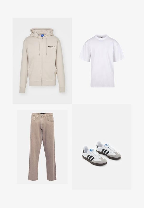 Beżowa bluza z kapturem na zamek błyskawiczny, z regulowanym kapturem, dwiema przednimi kieszeniami, ściągaczami przy rękawach oraz logo "Originals Studio" na górnej lewej części. Gładka tekstura.; Biała bawełniana koszulka z okrągłym dekoltem, krótkimi rękawami i luźnym krojem. Posiada prosty design bez wzorów czy akcentów.; Beżowe dżinsy o prostym kroju, wykonane z denimu, z klasycznym pięciopocketowym wzorem, przeszyciami oraz wykończeniem dolnej krawędzi.; Buty sportowe z białą skórzaną cholewką, szarym zamszowym noskiem i trzema czarnymi paskami. Posiadają niebieskie logo na języku oraz teksturowaną gumową podeszwę.