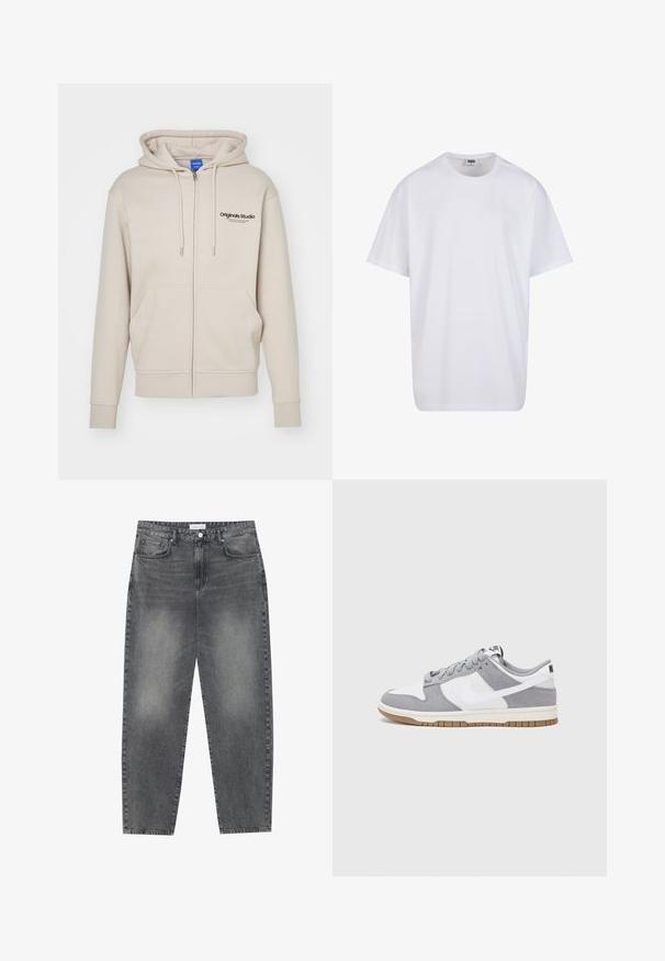 Beige zip-up hættejakke med snoretræk i hætten, to frontlommer, ribbede manchetter og "Originals Studio" logo på øverste venstre side. Glat tekstur.; Hvid bomulds t-shirt med korte ærmer, rund halsudskæring, afslappet pasform, og ingen synlige logoer eller mønstre. Glat tekstur og minimalistisk design.; Høj talje, løstsiddende jeans i falmet sort denim. Har fem lommer, bæltestropper og et rent, lige ben design.; Grå og hvid sneaker med en overdel i ruskind og læder, rund tå, flade snørebånd og en gummisål med en gummifarvet detalje.
