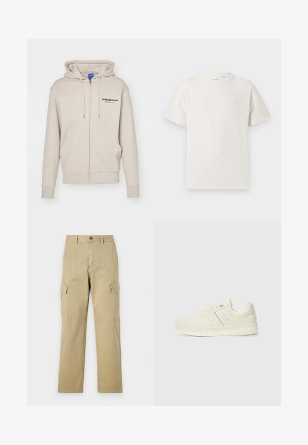 Beige zip-up hoodie with a drawstring hood, two front pockets, ribbed cuffs, and "Originals Studio" logo on the upper left. Smooth texture.; White short-sleeve T-shirt in a ribbed texture. Round neckline, relaxed fit, no visible patterns or accents. Simple and versatile design.; Beige cargo pants made of cotton, featuring two side pockets, a button closure, and straight legs with a slightly textured fabric.; Cream-colored sneaker with perforated detailing, laces, and logo on the side, displayed against a plain white background.