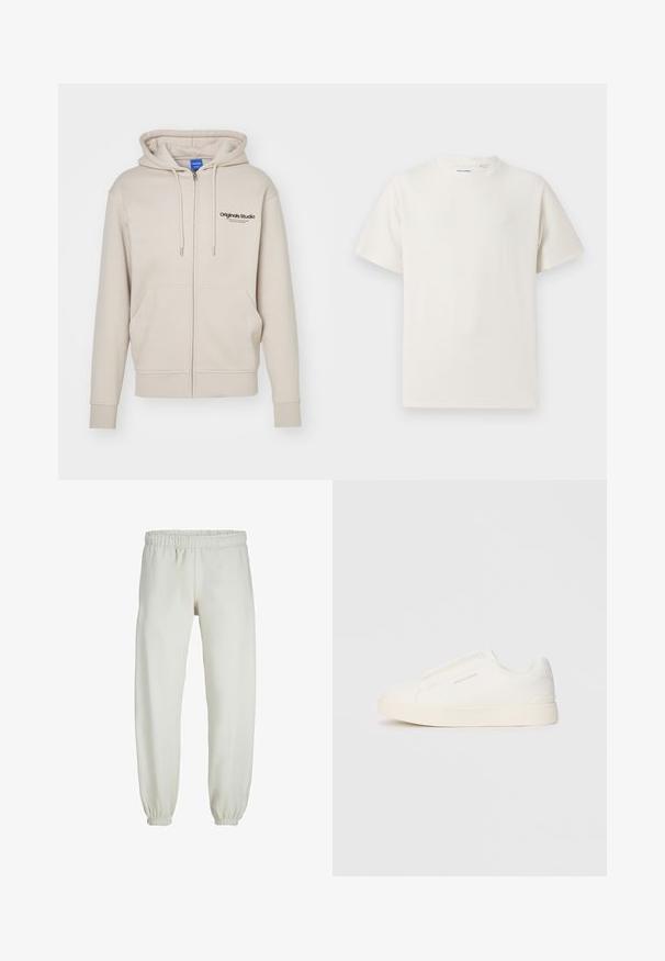 Sweatshirt beige zippé avec capuche à cordon, deux poches avant, poignets côtelés et logo "Originals Studio" sur le coin supérieur gauche. Texture lisse.; T-shirt blanc à manches courtes en texture côtelée. Encolure ronde, coupe décontractée, sans motifs ni accents visibles. Design simple et polyvalent.; Pantalons de survêtement blancs en tissu doux, avec une taille et des poignets élastiques, présentant une texture lisse et un design ample.; Baskets blanches sans lacets avec une surface texturée, une semelle épaisse et un design minimaliste. Présente le logo de la marque sur le côté.