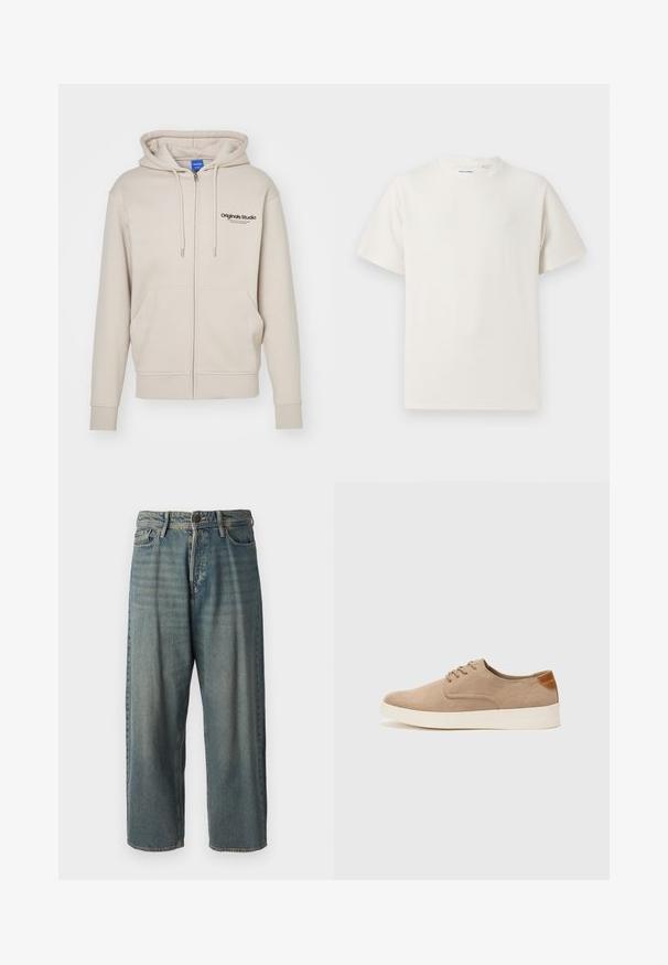 Beige zip-up hoodie with a drawstring hood, two front pockets, ribbed cuffs, and "Originals Studio" logo on the upper left. Smooth texture.; White short-sleeve T-shirt in a ribbed texture. Round neckline, relaxed fit, no visible patterns or accents. Simple and versatile design.; Light blue denim jeans with a loose fit, mid-rise waist, and straight legs. Features five pockets, belt loops, and a button closure.; Beige suede sneakers with a rounded toe, lace-up front, and a textured back accent. White rubber sole provides contrast. Simple and modern design.