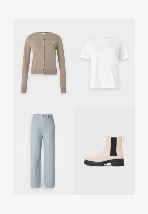 Bež jopica z okroglim izrezom, dolgimi rokavi in zapiranjem na gumbe. Ima rebraste manšete in rob ter majhen bel logotip spredaj.; Bela bombažna majica s kratkimi rokavi, okroglo izrezana in ohlapnega kroja. Gladka tekstura, brez vzorcev ali dodatkov, minimalističen dizajn.; Svijetloplave traperice ravnog kroja. Imaju pet džepova, metalno kopčanje na dugme i suptilno izbjeljivanje za teksturu.; Bež usnjeni Chelsea škorenj s črnim elastičnim stranskim panelom, masivnim črnim podplatom in zanka na gležnju.