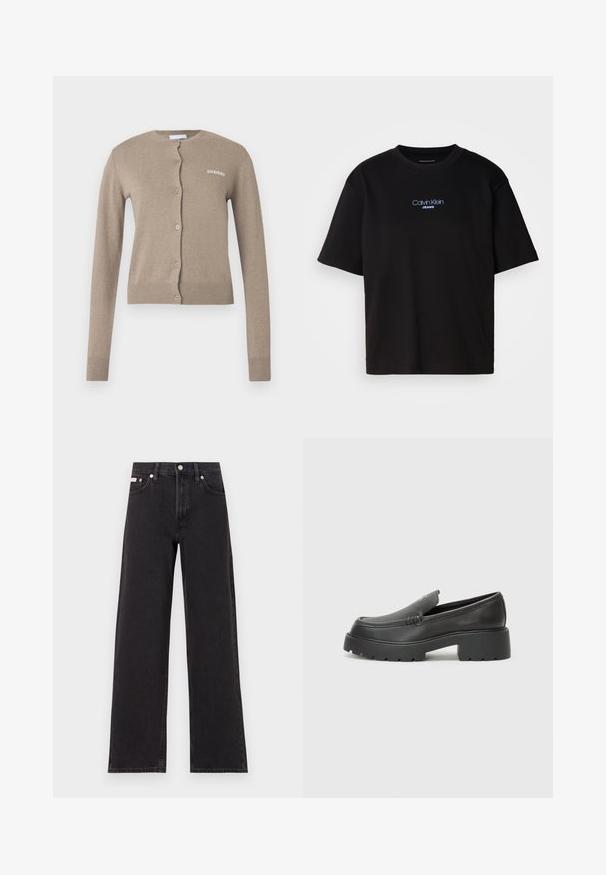 Beige cardigan with a round neckline, long sleeves, and button closure. Features ribbed cuffs and hem, with a small white logo on the front.; Black cotton t-shirt with a round neck, short sleeves, and blue embroidered "Calvin Klein JEANS" logo on the front.; Black wide-leg jeans made of denim, featuring a high-rise waist, five-pocket styling, and a metal button closure with contrasting stitching.; Black leather loafers with a rounded toe, thick textured sole, and minimal stitching details. Sleek design with no visible laces or hardware.