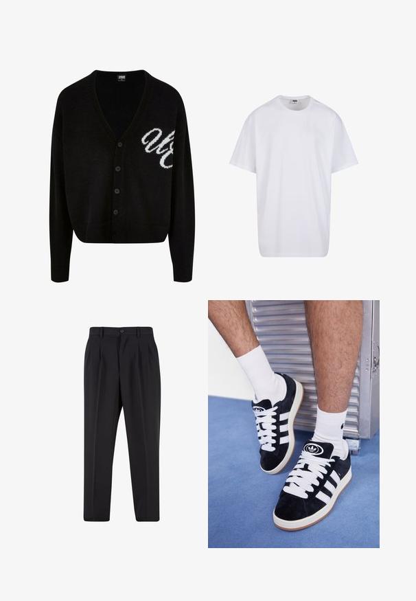 Melna adīta kardigāna ar V veida kaklu, pogu aizdari un ribotām piedurknēm. Izšūti balti burti kreisajā pusē, saīsināts piegriezums.; Balta kokvilnas T-kreklu ar īsām piedurknēm, apaļu kakla izgriezumu, brīvu piegriezumu un bez redzamām logo vai rakstiem. Gluda tekstūra un minimālistisks dizains.; Melni brīvie bikses ar krokotu priekšpusi, izgatavotas no gludas auduma. Iespējama poga aizdare un jostas cilpas; taisnu kāju forma.; Melni zamšaini sporta apavi ar baltiem šņorēm un trim baltām svītrām. Iekļauj arī apaļu melnu logotipu uz mēles un gumijas zoli.