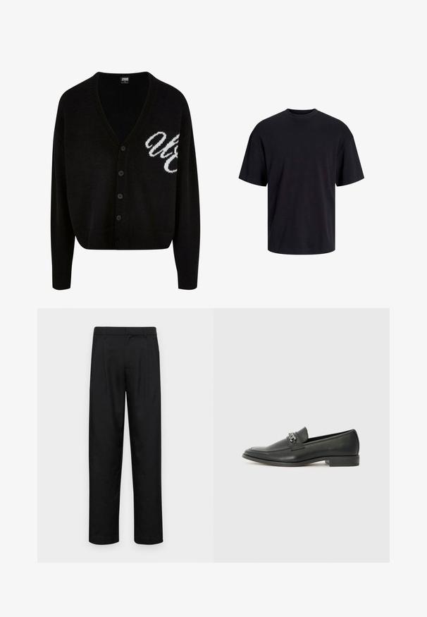 Juodas megztas kardiganas su v-kaklo dizainu, mygtukų uždarymu ir raukšlėtomis rankogaliais. Išsiuvinėtos baltos raidės kairėje pusėje, sutrumpintas fasonas.; Juodas medvilninis marškinėlis su apvaliu iškirpimu, trumpomis rankovėmis ir laisvu siluetu. Glotni tekstūra, be matomų raštų ar akcentų.; Juodi kelnių modeliai, pagaminti iš lygios medžiagos, turi tiesią kojas, du priekiniai klostės ir standartinę juosmenį su diržo kilpomis.; Juodos odinės loafer tipo bateliai su lygiu paviršiumi, turintys siuvinėtą dizainą ir dekoratyvų metalo grandinėlės akcentą ant batų viršaus. Plokščias kulnas.