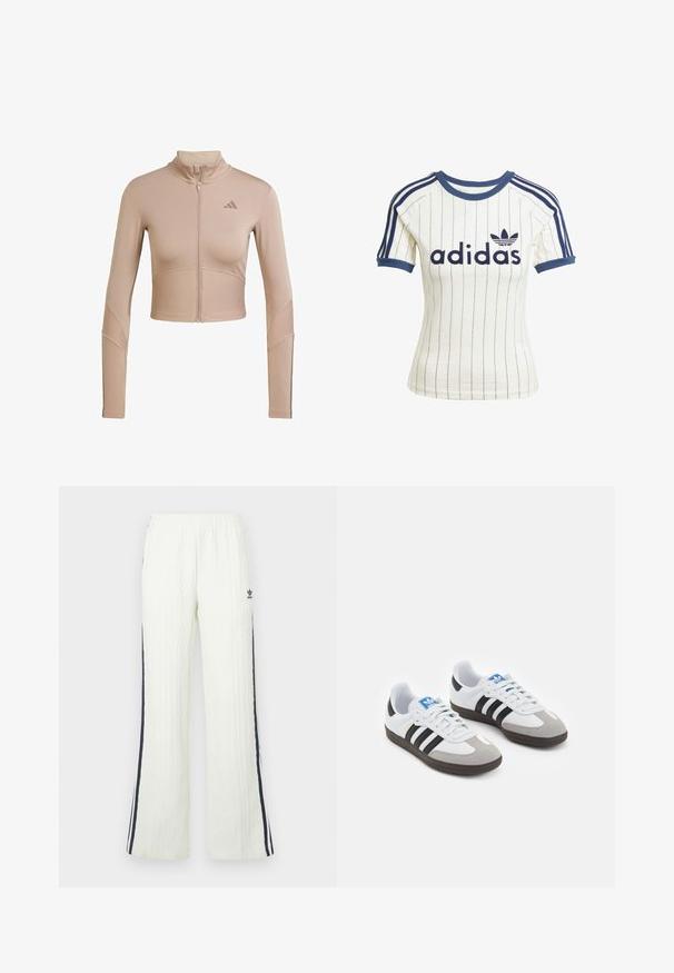 Giacca sportiva corta beige con colletto alto, zip completa, texture a coste sulle maniche e sull'orlo inferiore, con un piccolo logo sul petto.; T-shirt bianca a strisce Adidas con dettagli blu navy, dotata di collo rotondo, maniche raglan corte e un bold logo "adidas" sul davanti.; Pantaloni in maglia a treccia color crema chiaro con design svasato. Presentano strisce laterali blu scuro e un logo Adidas sull'anca. Vita elastica.; Scarpe sportive con tomaia in pelle bianca, punta in suede grigia e tre strisce nere. Presentano un logo blu sulla linguetta e una suola in gomma testurizzata.