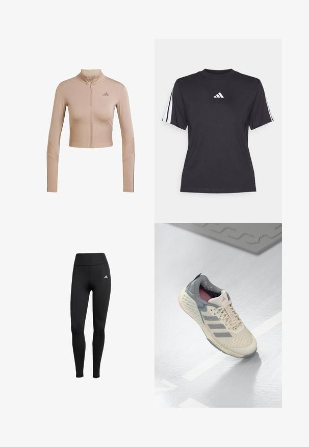 Beżowa sportowa kurtka typu crop z wysokim kołnierzem, pełnym zamkiem, prążkowaną teksturą na rękawach i dolnym brzegiem, z małym logo na piersi.; Czarny sportowy t-shirt z miękkiego materiału, z okrągłym dekoltem, krótkimi rękawami i trzema białymi paskami na każdym ramieniu. Białe logo na klatce piersiowej.; Czarne legginsy sportowe z wysokim stanem. Wykonane z elastycznej tkaniny, z białym logo umieszczonym w górnym lewym rogu.; Beżowy but sportowy z szarymi akcentami, siateczkową cholewką i teksturowaną podeszwą. Posiada trzy szare paski i różowe detale wewnętrzne.