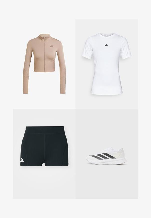 Beige atletisk cropped jakke med høj krave, fuld lynlås, ribbet tekstur på ærmerne og nederste kant, med et lille logo på brystet.; Hvid atletisk skjorte med korte ærmer, lavet af glat, strækbart stof. Har et lille sort Adidas-logo på brystet.; Sorte atletiske shorts lavet af strækbart stof, med høj talje, tætsiddende form og hvidt Adidas-logo på venstre side.; Hvide sportsko med sorte diagonale striber, mesh-overdel, rund tå og tekstureret sål. Accenter inkluderer en sølv hæl og et minimalistisk design.