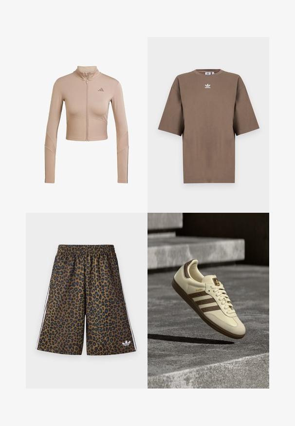 Beige atletisk cropped jakke med høj krave, fuld lynlås, ribbet tekstur på ærmerne og nederste kant, med et lille logo på brystet.; Brun bomulds t-shirt med korte ærmer, rund hals og hvid Adidas-logo centreret på brystet, som har et enkelt design og en afslappet pasform.; Leopardmønstrede shorts i brun og sort med elastisk talje og hvide sidelister. Fremstillet af glat, letvægtsmateriale.; Sneaker i cremefarve med brune detaljer, teksturerede sidelommer og en glat læderfinish. Har snøredesign og gummisål.