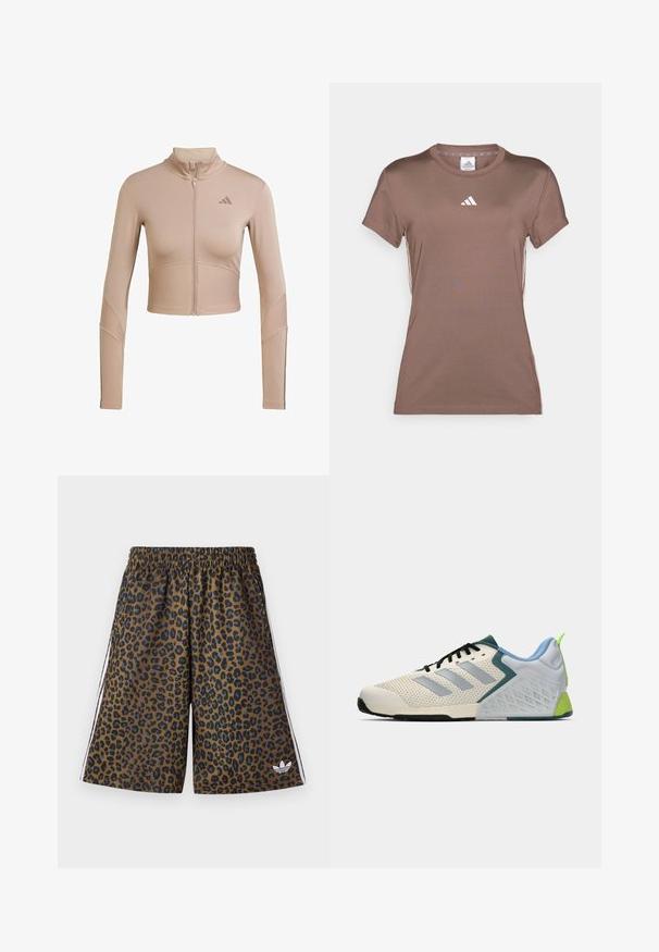 Beżowa sportowa kurtka typu crop z wysokim kołnierzem, pełnym zamkiem, prążkowaną teksturą na rękawach i dolnym brzegiem, z małym logo na piersi.; adidas Performance - Koszulka sportowa; Szorty w panterkę w kolorze brązowym i czarnym, z elastycznym paskiem w talii i białymi paskami po bokach. Wykonane z gładkiego, lekkiego materiału.; Lekkie buty sportowe z kremową siateczką, szarymi paskami, zielonym akcentem i teksturowanym niebieskim zapiętkiem. Czarne sznurówki.