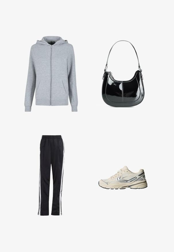 Felpa grigia con zip realizzata in un morbido tessuto testurizzato. Presenta un cappuccio regolabile con cordino e due tasche frontali. I polsini e l'orlo sono a costine.; Top tank bianco a costine con scollatura a barco e spalline larghe. Tessuto morbido e orli cuciti. Design semplice e aderente.; Pantaloni sportivi neri con strisce laterali bianche, cinturino elastico e patch con logo. Realizzati in tessuto morbido e leggero. Design a gamba dritta.; Scarpa sportiva color crema con tomaia in mesh, dettagli argentati e suola in gomma strutturata. Progettata per comfort e stabilità.; Borsa a mano in pelle verniciata nera, con design curvo, chiusura con zip e un solo manico a spalla caratterizzato da hardware e cuciture in tono argento.