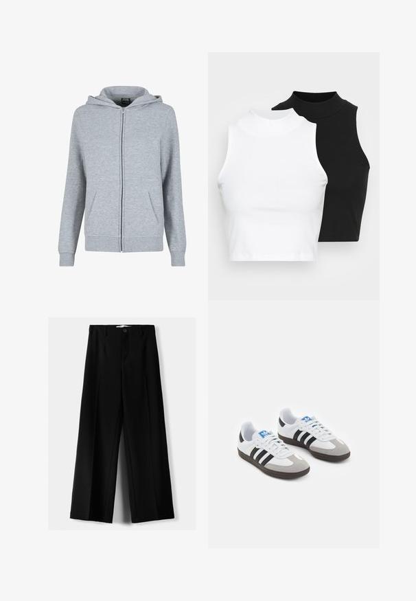 Szürke cipzáras kapucnis pulóver puha, texturált anyagból. Állítható húzózsinóros kapucnival és két elülső zsebbel rendelkezik. Az ujjak és az alsó szegély bordázott.; Két ujjatlan, bordázott garbós top fekete és fehér színben, testhezálló kialakítással és sima textúrával, rövidített hosszal.; Fekete, bő szárú nadrág, könnyű anyagból, elöl gombos záródással és sima elfröccsenésű fazonnal, szépen varrott szegélyekkel.; Fehér bőr felsőrészes sportcipő, szürke velúrból készült orral és három fekete csíkkal. Jellemzője a kék logó a nyelvén és egy texturált gumitalp.