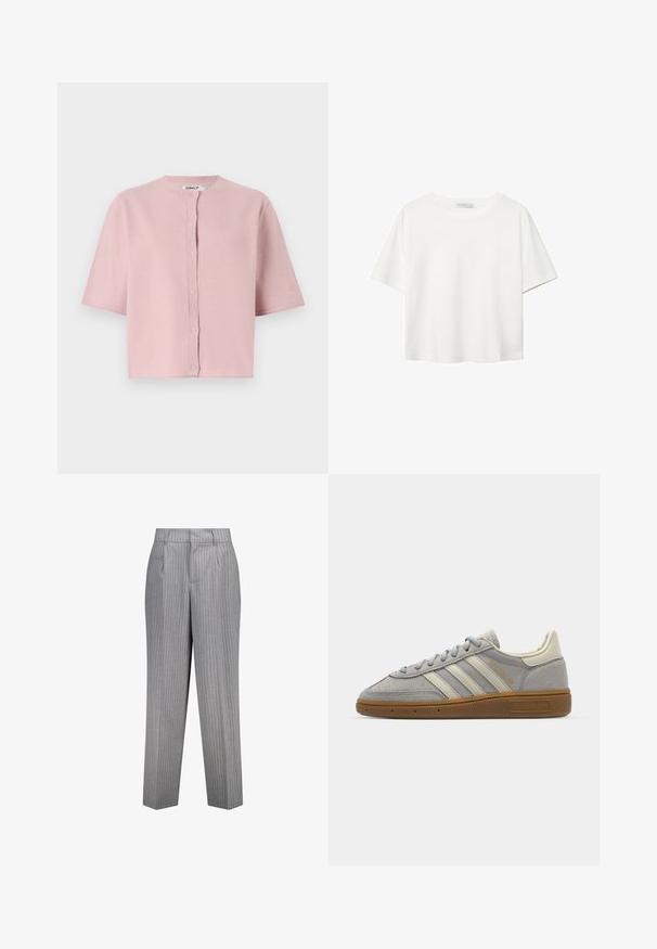 Lyhythihainen, vaaleanpunainen neulecardigan, jossa on pyöreä pääntie, napitus ja pehmeä, teksturoitu kangas. Yksinkertainen malli ilman näkyviä kuvioita.; Valkoinen lyhythihainen T-paita, joka on tehty puuvillasta. Siinä on pyöreä kaula-aukko ja rento malli. Silkkinen pinta ilman näkyviä kuvioita tai koristeita.; Harmaat raidalliset housut, joissa on muotoiltu istuvuus, suora lahjemuotoilu, sivutaskut ja teksturoitu kangas.; Harmaat mokka-tennarit, joissa on vaaleanharmaat nahkaviivat ja kumipohja. Ominaisuuksiin kuuluvat nauhakiinnitys ja huomaamaton brändäys kielen kohdalla.