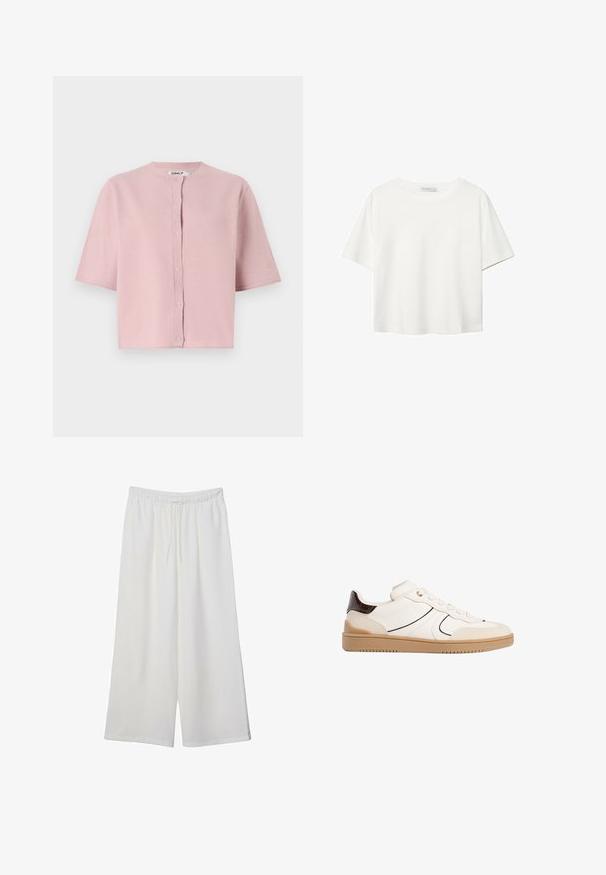 Short-sleeved, light pink cardigan with a round neckline, button closure, and soft, textured fabric. Simple design with no visible patterns.; White short-sleeve t-shirt made of cotton. Features a crew neckline and a relaxed fit. Smooth texture with no visible patterns or accents.; White wide-leg trousers made of lightweight fabric, featuring an elastic waistband and a drawstring for adjustable fit. Smooth texture.; Stradivarius Trainers - white