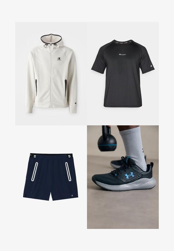Hvid hættetrøje med lynlås foran, sorte lynlåsdetaljer og et lille sort logo på brystet. Har sidelommer og ribbede manchetter.; Champion LIGHT STRETCH - Sports T-shirts - black; Marineblå sportsbukser med sort talje, udstyret med to hvide lynlås-lommer og små sideslids for nem bevægelse.; Sort atletiksko med blå accenter, struktureret overdel og grå sål. Båret med grå ribbede sokker, ved siden af en sort kettlebell.