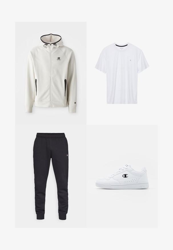 Sweatshirt à capuche blanche avec fermeture éclair sur le devant, accents de fermeture éclair noirs et un petit logo noir sur la poitrine. Il dispose de poches latérales et de poignets côtelés.; T-shirt blanc à col rond en coton, avec des manches courtes et un petit logo brodé sur la partie gauche de la poitrine. Texture douce.; Pantalons de survêtement en coton noir avec une taille élastique et des poignets élastiques. Détails du logo sur le côté. Texture lisse, design effilé.; Baskets de sport blanches avec une tige synthétique lisse, accent logo noir et détails perforés sur le côté. Semelle en caoutchouc.