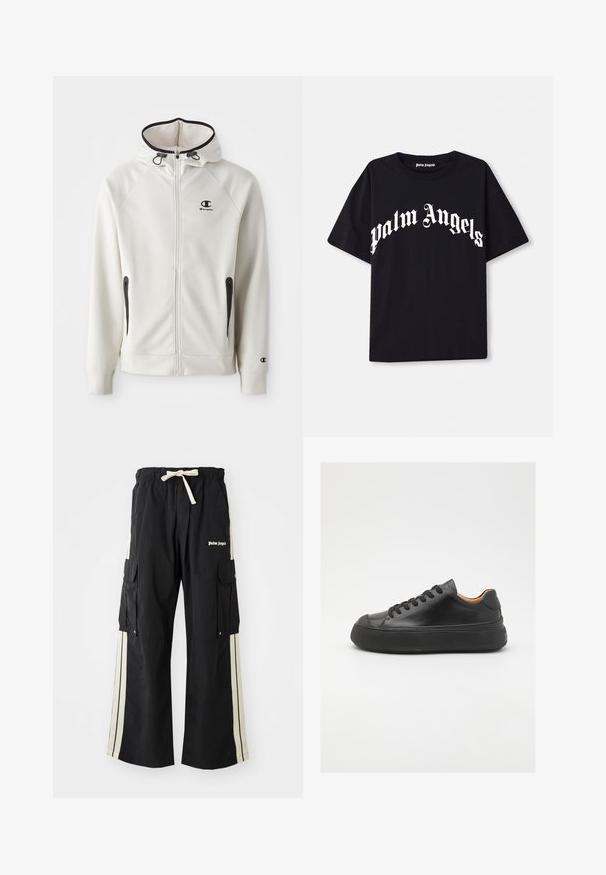 Fehér kapucnis pulóver, elöl cipzárral, fekete cipzár díszítéssel és egy kis fekete logóval a mellkasán. Oldalsó zsebekkel és bordázott mandzsettákkal rendelkezik.; Fekete pamut póló rövid ujjal és kerek nyakkivágással, fehér "Palm Angels" felirattal ívelt, díszes betűtípussal az elején.; Fekete cargo nadrág elasztikus derékkal és zsinórral, krémszínű oldalsávokkal, több zsebbel és logós részlettel az elején.; Fekete bőr sportcipő kerek orral, fűzős elejével, sima textúrájával, vastag gumitalpával és kontrasztos barnás belsejével.
